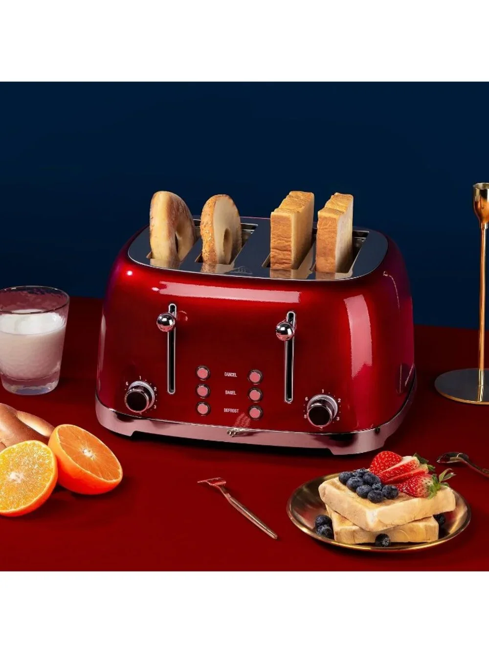 4 Slice Red Retro Stainless Steel with Bagel Defrost Cancel Function Toaster